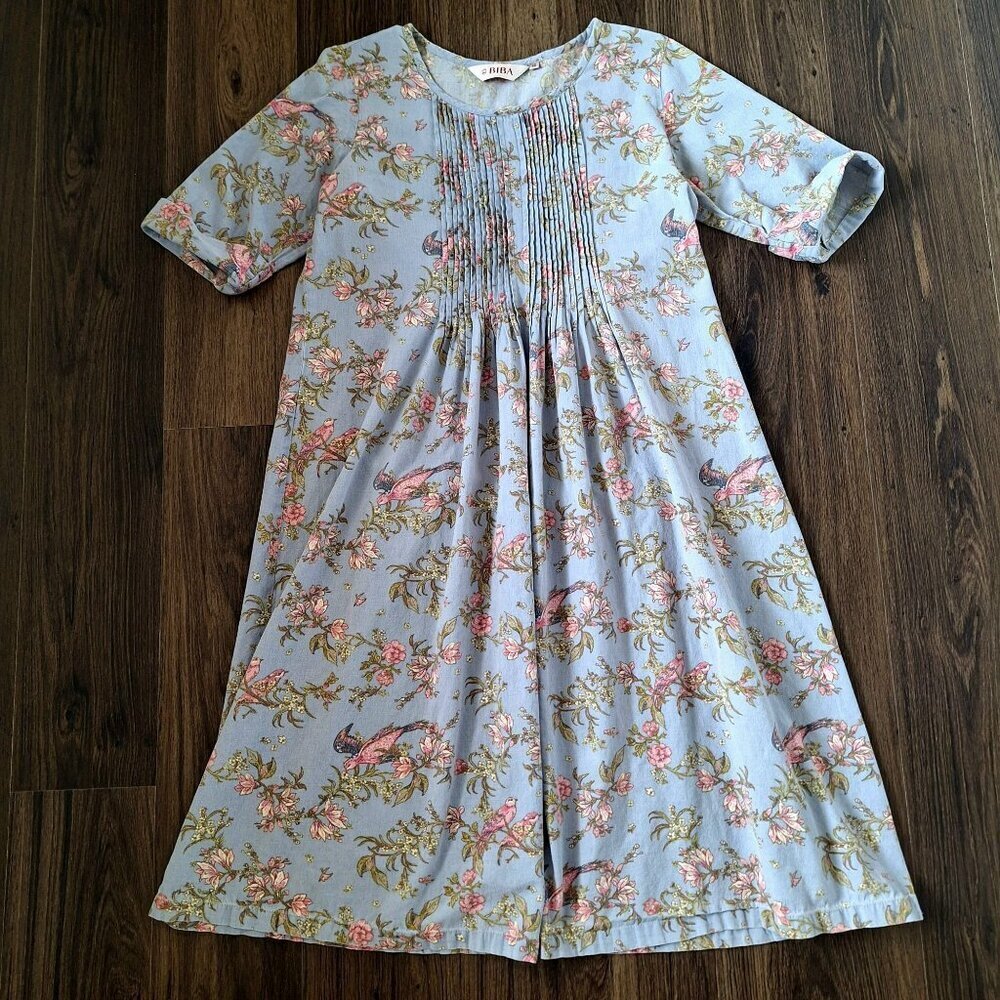💙 Bila Floral Bird Printed Cotton Flex Dress Size S/M Cottage Romantic Girly - Picture 8 of 8